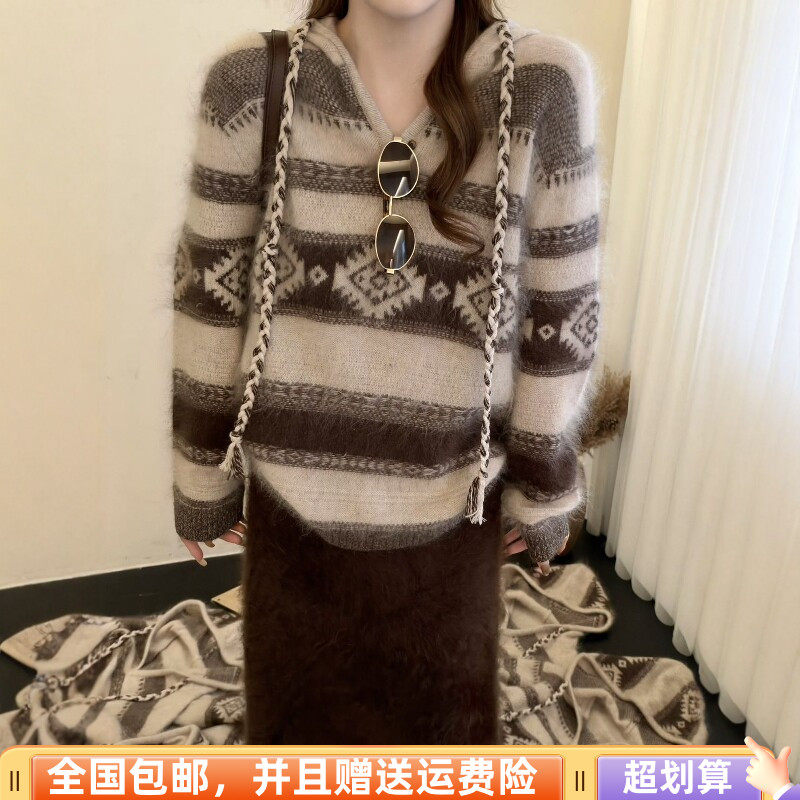 冬季韩版显瘦费尔岛撞色连帽女毛