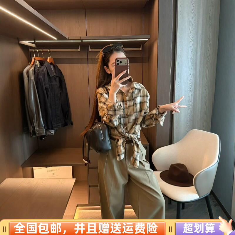 韩系格子长袖磨毛显瘦衬衫女