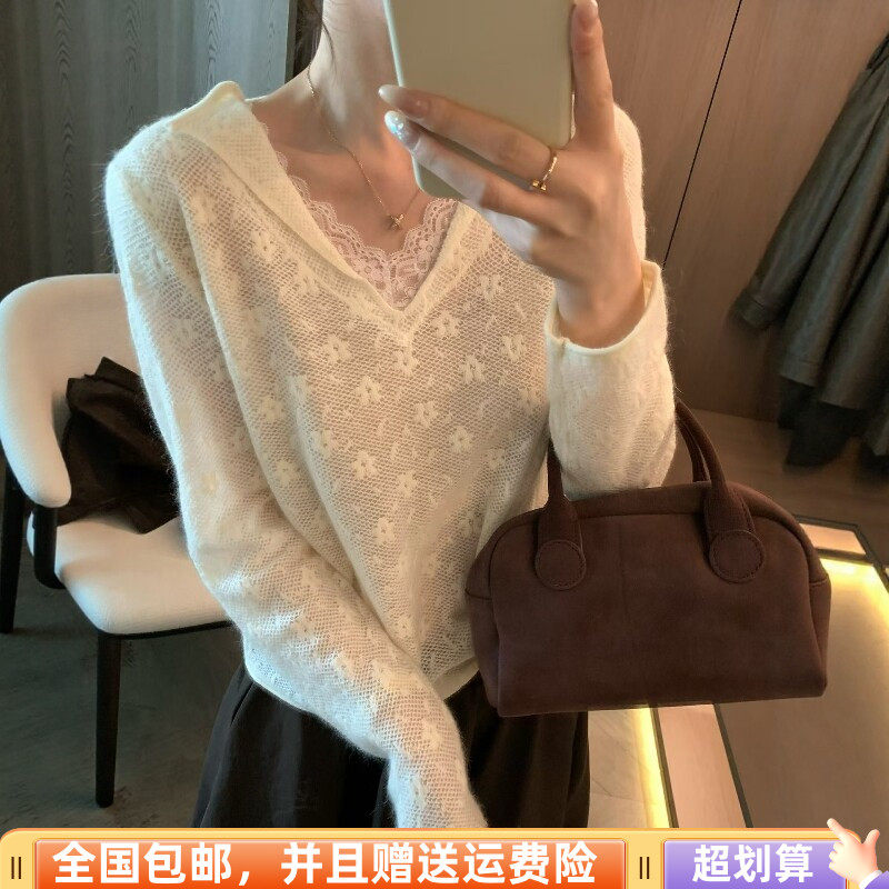 蕾丝拼接V领长袖打底衫女宽松百搭高级感羊毛小衫2026秋季新品潮