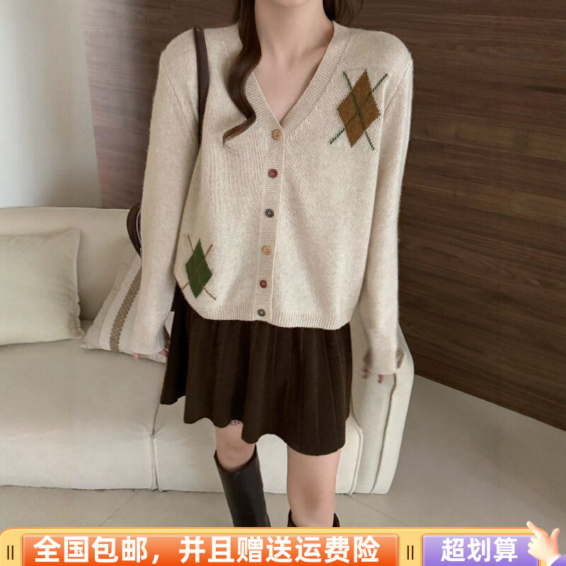 秋季V领撞色显瘦针织开衫女