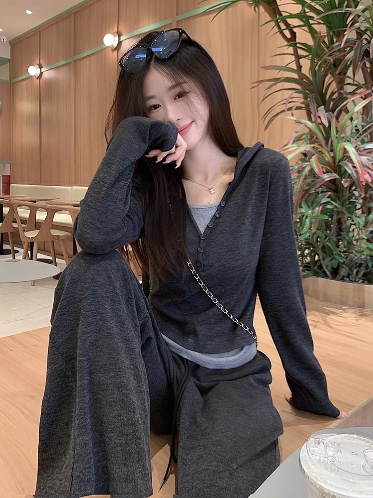 春秋季小个子长袖V领卫衣+拖地阔腿裤套装女慵懒风休闲薄款两件套