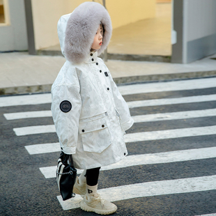 儿童冬季羽绒服外套女童派克服中长款獭兔毛大毛领男童狐狸毛皮草
