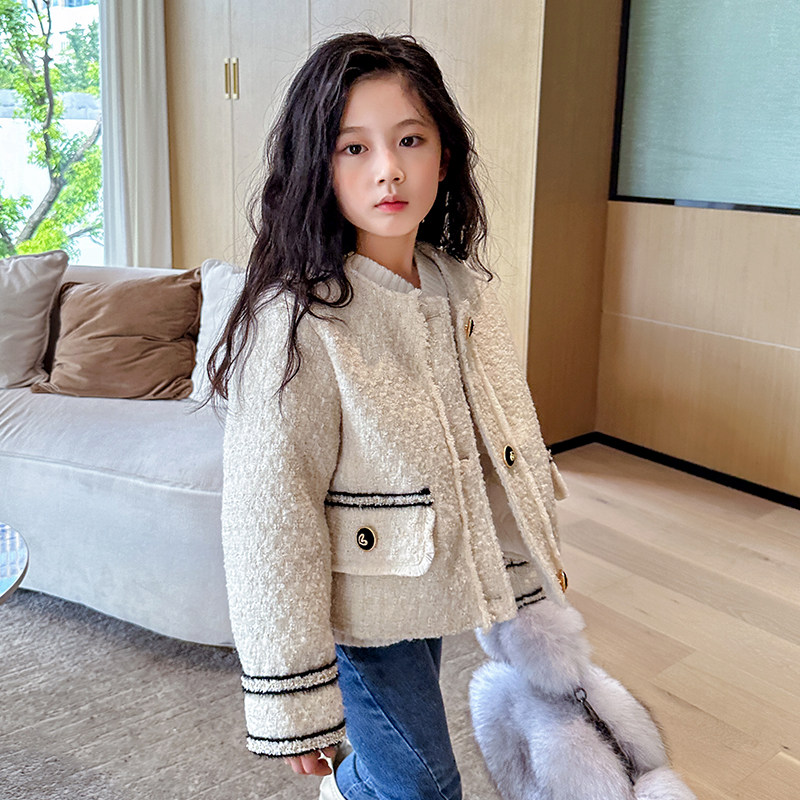 羊毛小香风粗纺外套女童羽绒服冬季新款90白鸭绒内胆加厚粗花呢