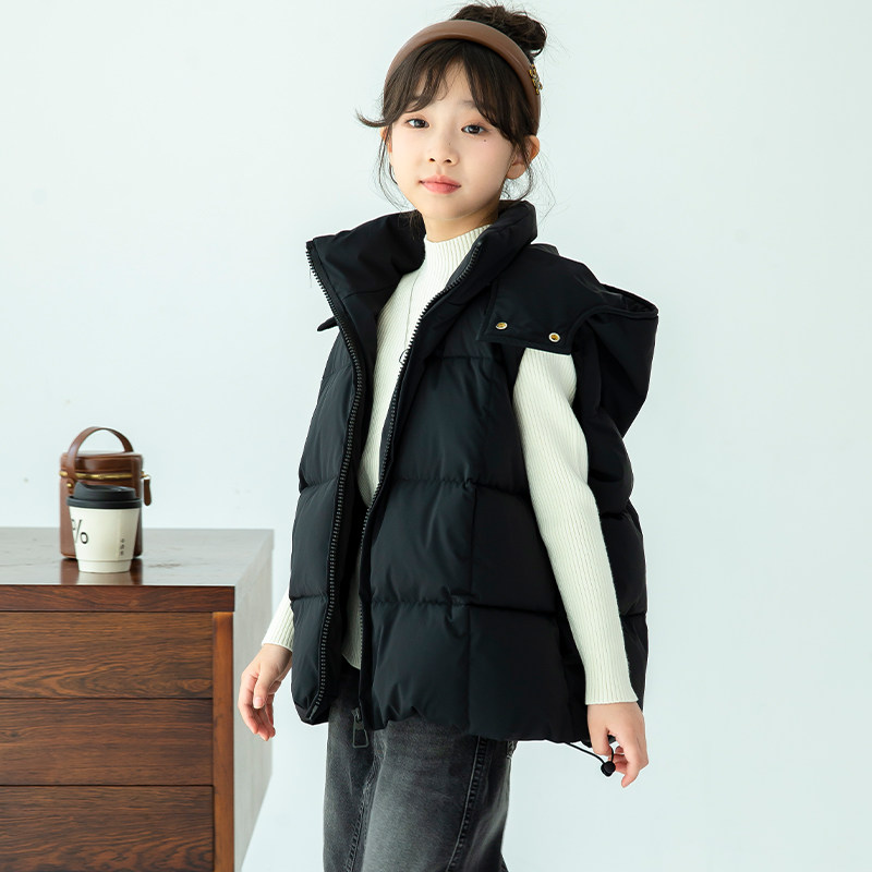 福潴潴 儿童羽绒马甲新国标90白鸭绒女童秋冬外套背心连帽可拆卸