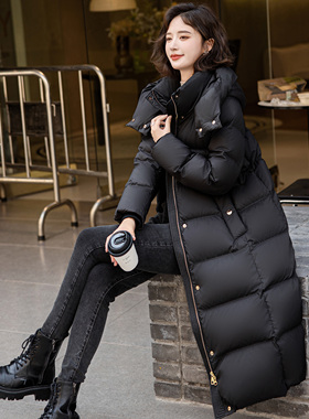 高充绒300g连帽秋冬收腰黑色女士中长款时尚加厚宽松羽绒服