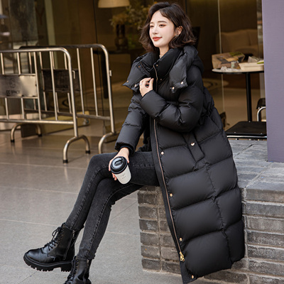 高充绒300g连帽秋冬收腰黑色女士中长款时尚加厚宽松羽绒服