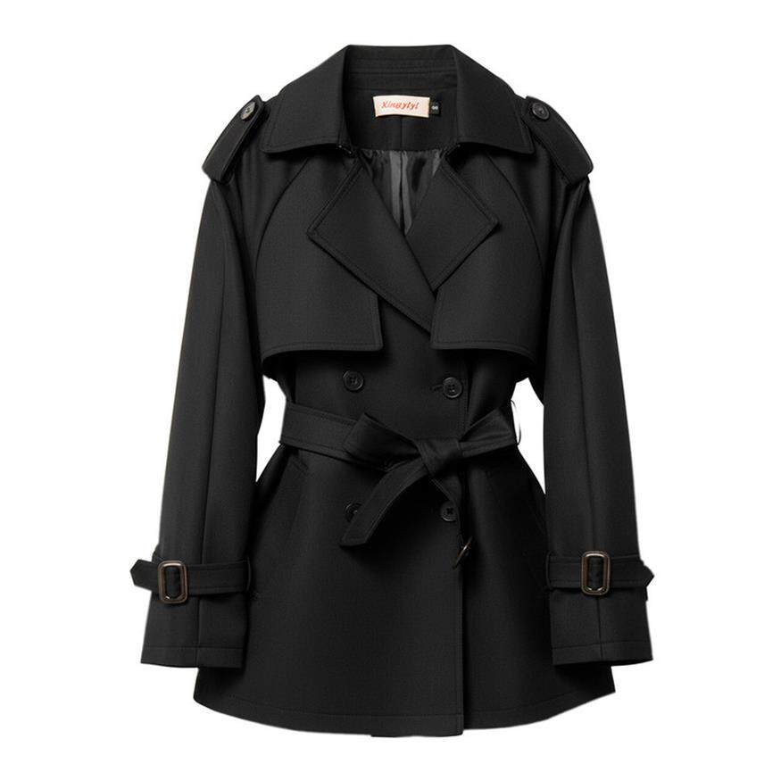 黑色经典廓形翻领收腰短款风衣女2026春秋新款小个子高级感外套女