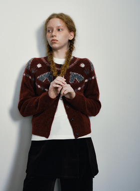 【玳禾】早春新款休闲圆领羊驼毛小马提花复古百搭毛织开衫H60182