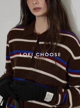 Lofi choose 撞色POLO领条纹针织衫毛衣女冬季新款高级感百搭上衣