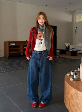 ICC 高级腔调感植绒深蓝色弯刀裤小众大口袋牛仔裤女十三行10643