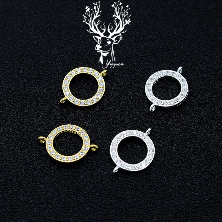 S925纯银双圈圆形吊坠DIY饰品挂件半成品配件微镶锆石圆环挂坠