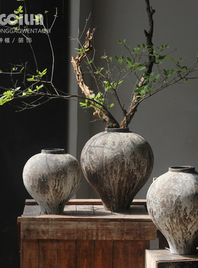 民宿新中式侘寂风粗陶花瓶摆件