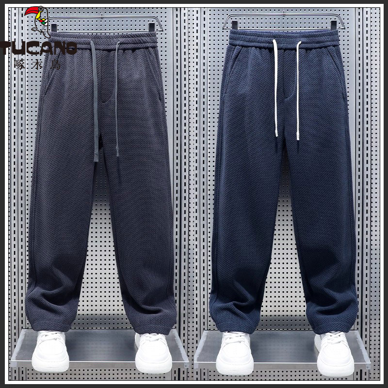 啄木鸟裤子男秋冬宽松美式针织卫裤加绒加厚休闲百搭运动直筒长裤