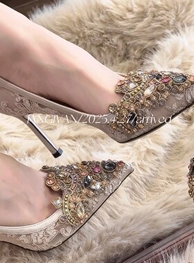 蕾丝·新中式·江亦晚～2025新尖头水钻细跟高跟鞋女气质宴会婚鞋