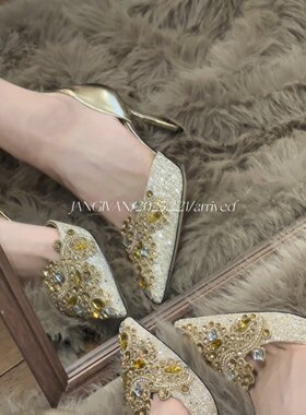奢华·江亦晚·中式秀禾婚鞋新娘鞋法式中空包头凉鞋女水钻高跟鞋