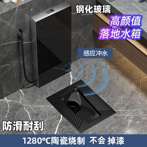 科众黑色蹲便器落地钢化玻璃水箱