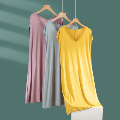 宽松莫代尔背心裙女夏季薄款睡衣裙家居服连衣裙v领中长款打底裙