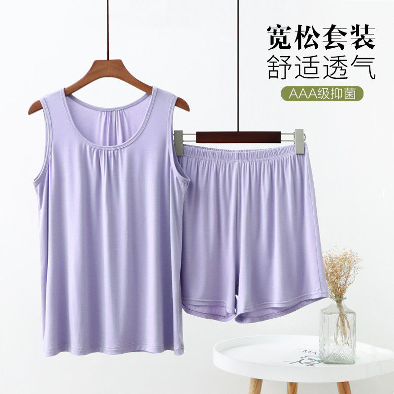 夏季宽松大码莫代尔睡衣睡裤背心短裤家居服套装女妈妈薄款两件套