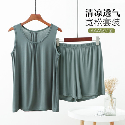 莫代尔女士大码套装睡衣睡裤背心短裤家居服休闲妈妈装薄款两件套