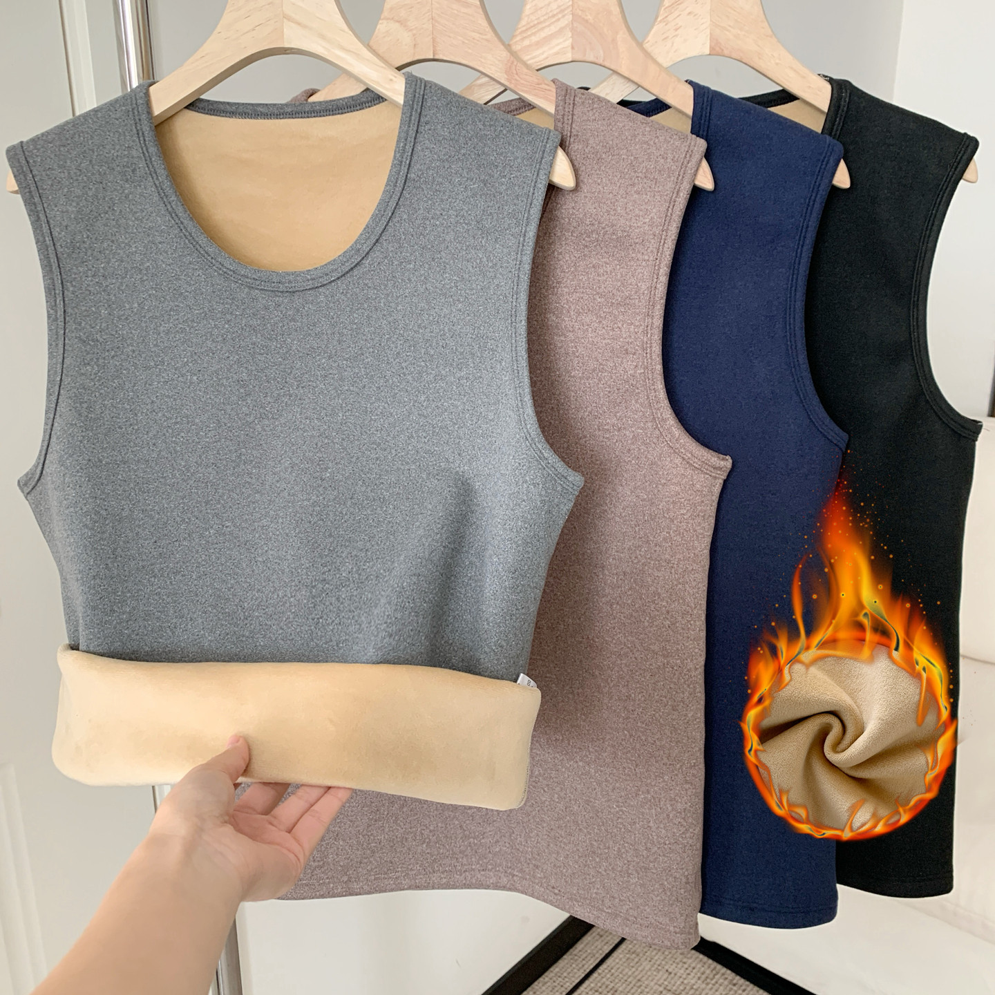 男士德绒保暖背心秋冬季加绒加厚防寒马甲内搭打底衫大码修身上衣