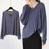宽松莫代尔v领长袖 T恤女外穿大码 打底衫 2024新款 百搭薄款 防晒上衣