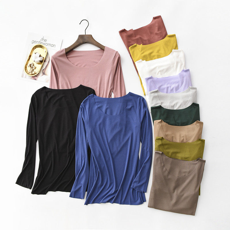 2023春秋新款长袖莫代尔打底衫女夏修身圆领t恤无痕内搭薄款上衣