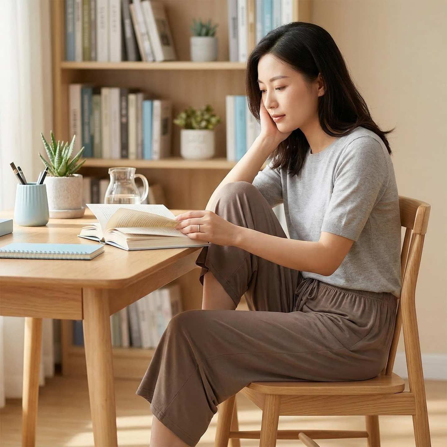 纯色莫代尔薄款七分裤女裤夏季宽松阔腿裤松紧腰休闲裤家居裤睡裤