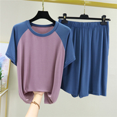 莫代尔短袖 大码 T恤宽松短裤 韩版 睡衣套装 女夏薄款 拼色半袖 两件套