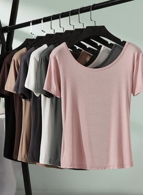 莫代尔大圆领薄款内搭打底衫女夏季短款美背短袖T恤黑色白色上衣