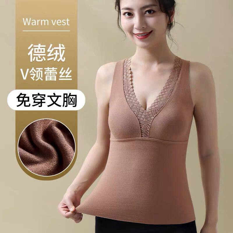 가을 겨울용 패딩 V넥 조끼와 벨벳 발열 베이스 레이어가 있는 두꺼운 이너웨어가 포함된 여성용 DERONG 보온 속옷