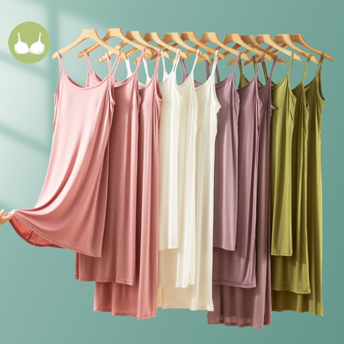 莫代尔带胸垫吊带裙女夏季宽松睡裙家居服a字裙中长款打底裙衬裙