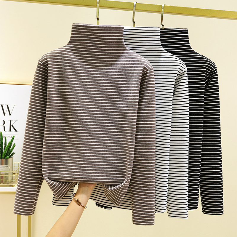 秋冬新款德绒高领内搭打底衫女条纹长袖T恤宽松大码加绒加厚上衣