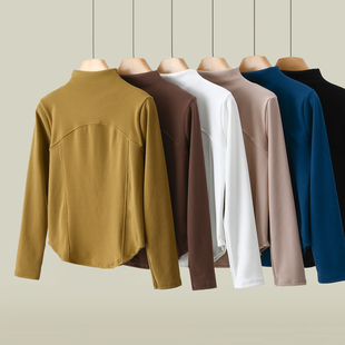 德绒半高领打底衫女秋冬拼接修身显瘦长袖内搭T恤加绒保暖上衣