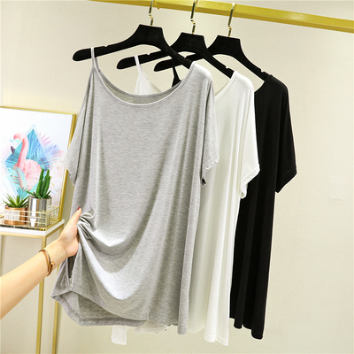 莫代尔露肩短袖T恤打底衫中长款