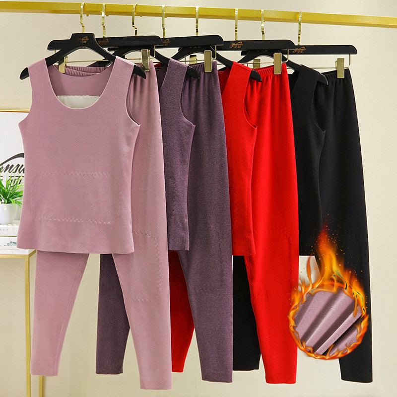秋冬季纯棉保暖背心无痕套装女德绒内搭吊带加绒高腰打底裤两件套