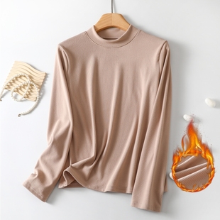 2023秋冬女中领德绒长袖保暖T恤螺纹内搭打底衫百搭加绒加厚上衣