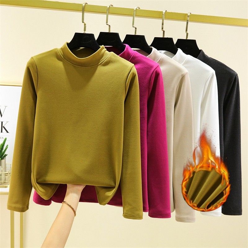 双面绒半高领内搭长袖T恤女秋冬德绒贴身保暖上衣大码纯棉打底衫