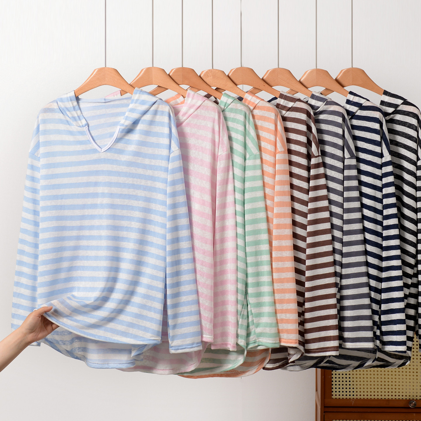 条纹空调服长袖防晒衣女夏薄款外穿长袖连帽T恤大码宽松打底上衣