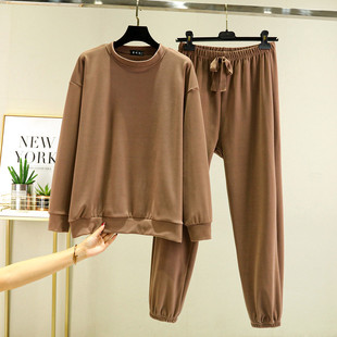 女士德绒休闲运动家居服保暖套装秋冬可外穿加厚T恤休闲裤两件套