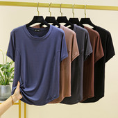 T恤女夏百搭上衣简约圆领内搭圆弧下摆打底衫 新款 莫代尔拼接短袖