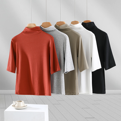 外穿螺纹莫代尔半高领打底衫女中袖T恤修身五分袖内搭上衣薄款夏