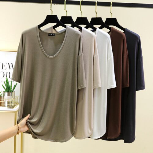 宽松短袖T恤女莫代尔薄款夏季外穿大码半袖上衣简约休闲打底衫