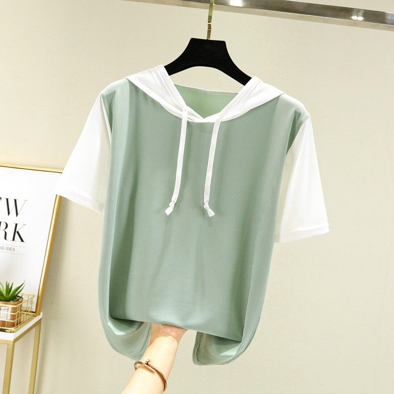 2024夏季新款薄款冰丝连帽短袖T恤女宽松内搭洋气半袖打底衫上衣