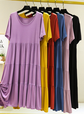 莫代尔连衣裙女夏季薄款大码蛋糕裙外穿短袖中长款a字裙胖mm裙子