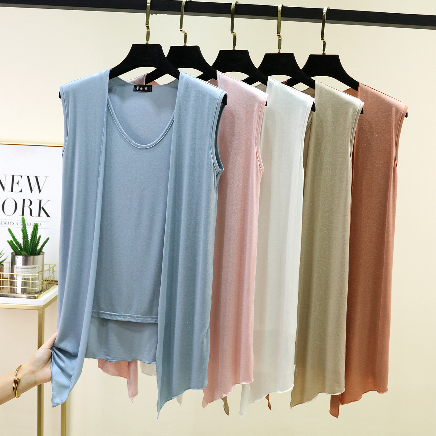 莫代尔假两件无袖背心开衫夏季薄款防晒空调衫显瘦大码胖mm女上衣