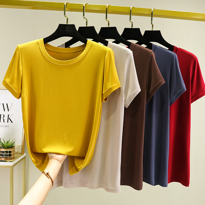 莫代尔圆领短袖T恤女夏薄款修身内搭打底衫洋气百搭外穿白色上衣