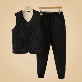 秋冬中老年男士加绒加厚棉马甲棉裤两件套德绒贴身抗寒保暖套装