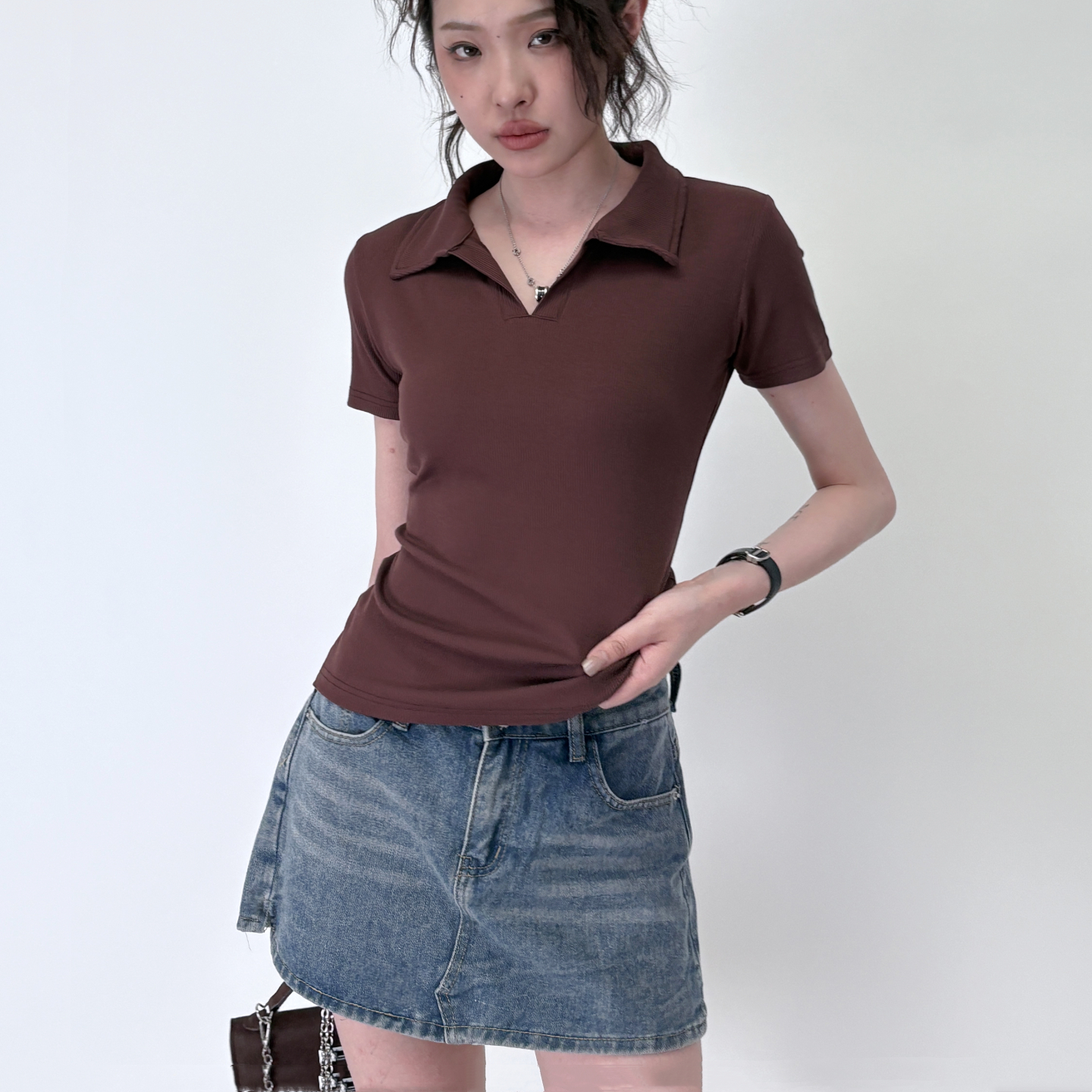 螺纹翻领短袖女t恤2025新款修身显瘦薄款外穿上衣polo领打底衫夏
