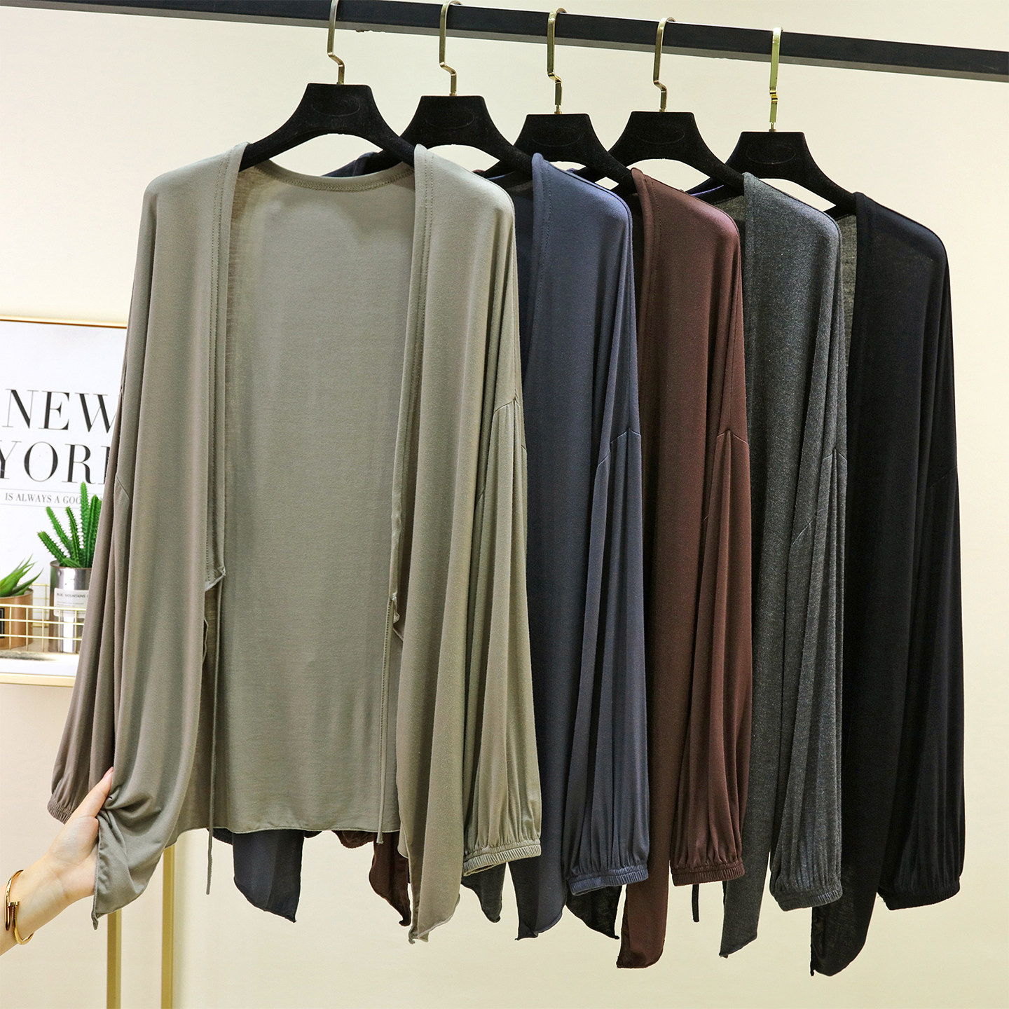 莫代尔凉感抽绳开衫女夏季长袖防晒衣长袖空调衫外搭披肩宽松外套