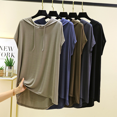 夏季中长款连帽短袖T恤女莫代尔宽松休闲薄款外穿上衣大码打底衫